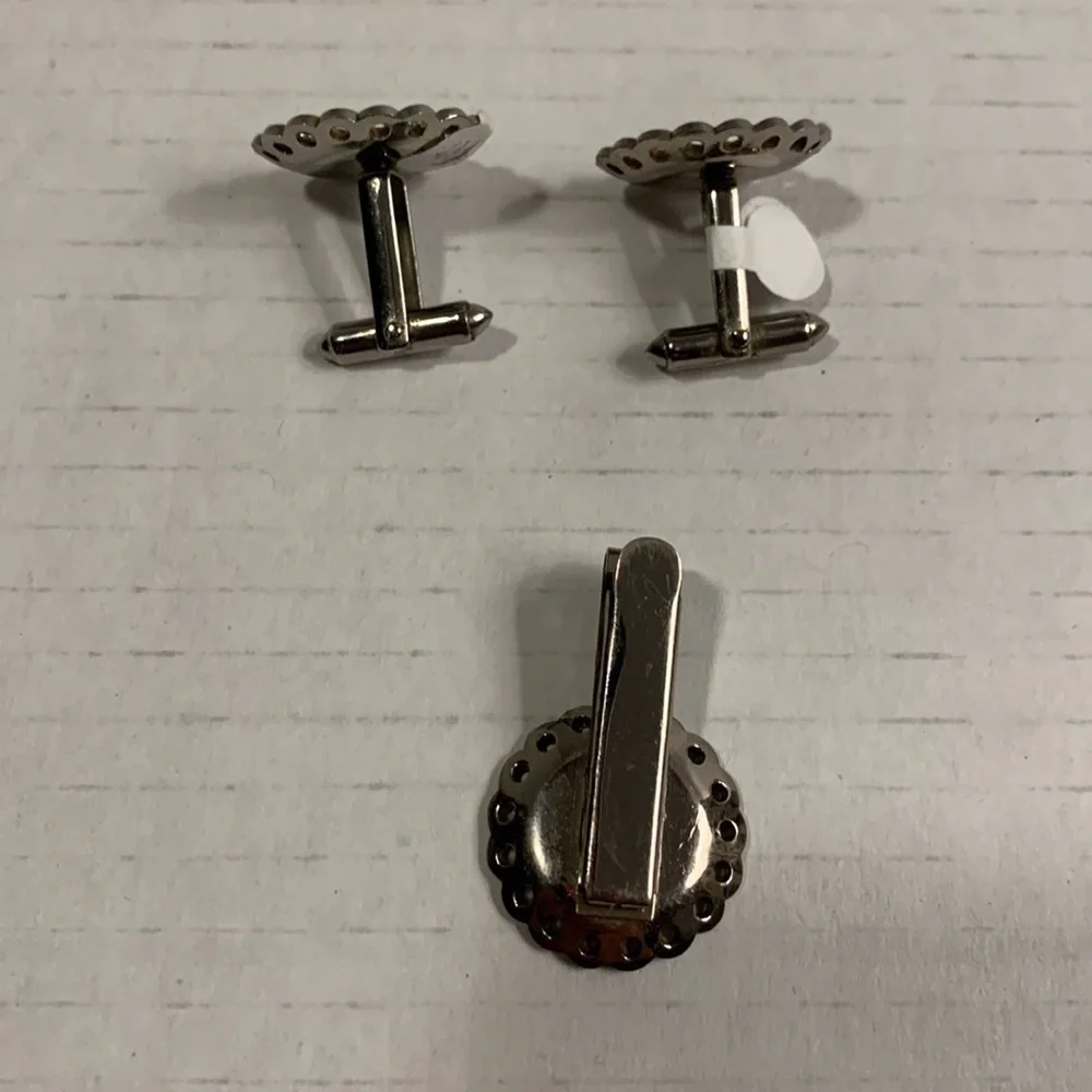 SILVER Tone Cuff Links w/ Tie Tack- leather inside- good condition- vintage
